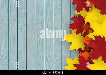 Automne fond avec mapple feuilles et planche en bois bleu. Illustration vecteur de conception de l'automne. L'espace vide pour votre texte. Illustration de Vecteur