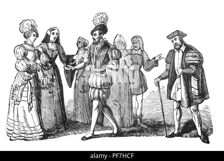 La mode : pour les hommes et les femmes durant le règne d'Henry VIII. Les deux Henry VIII et Elizabeth I renforcé les lois dictant les tissus, les couleurs et les types de vêtements qui pourraient être portés à chaque niveau de la société. Les hommes riches portaient des chemises de soie blanche, stretch aux poignets et au cou. Sur ce qu'ils portaient un doublet (un peu comme une veste), et cintrée pantalon à rayures (appelé flexible). Les femmes portaient des Tudor un changement de linge de maison, quel que soit leur statut. Cela pourrait être lavés et changés tous les jours. Les femmes les plus riches feront preuve de leur statut grâce à leur silhouette frappante, très-embellished out Banque D'Images