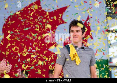 GERAINT THOMAS Welsh, cycliste, vainqueur du Tour de France 2018, apparaissant à l'Eisteddfod Genedlaethol Cymru /LA LUMIÈRE AU CINÉMA - Bae Caerdydd / baie de Cardiff, Pays de Galles, UK . Août 2018. L'événement culturel de la langue galloise est organisé chaque année sur la première semaine d'août, sur un site différent chaque année, en alternance entre le nord et le sud du Pays de Galles Banque D'Images