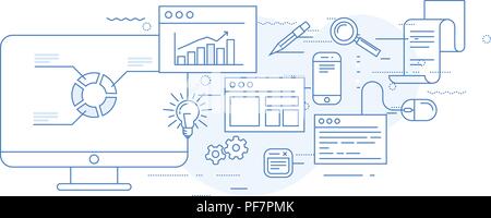 Outils de marketing et d'analyse de données en ligne - statisics, SEO et SMM analyser Illustration de Vecteur