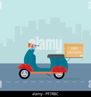 La logistique et la livraison service concept : moto, scooter, vélo avec des paquets sur fond de la ville. Service postal icônes creative design. Télévision vecteur Illustration de Vecteur