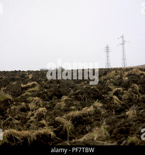 Vue au niveau du sol sur terre labourée avec deux poteaux électriques, Auvergne, France Banque D'Images