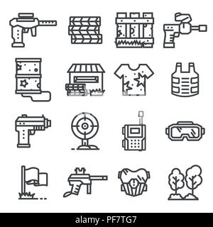 Paintball, jeu d'équipe de l'ensemble des icônes de ligne Illustration de Vecteur