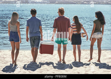 Les amis sur la plage. Vue arrière du cheerful young people walking par la plage à la mer tandis que deux hommes transportant du refroidisseur en plastique Banque D'Images