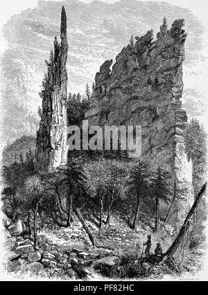 Noir et blanc illustrant le rocher connu sous le nom de Karr's Pinnacles, situé à Petersburg, West Virginia, USA, publié dans William Cullen Bryant's edited volumes 'Amérique pittoresque ; ou, le pays dans lequel nous vivons", 1872. Avec la permission de Internet Archive. () Banque D'Images