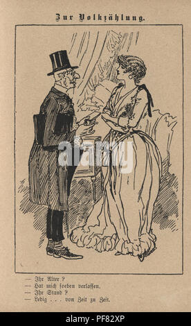 Vintage Victorian gravure d'une caricature d'un vieux monsieur et de jeune femme, 1880, Allemand Banque D'Images