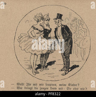 Vintage Victorian gravure d'une caricature d'un homme mûr qui flirte avec les deux danseuses au théâtre, années 1880, Allemand Banque D'Images