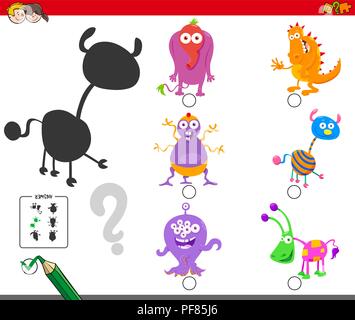 Cartoon Illustration de trouver la bonne ombre jeu éducatif pour les enfants ayant des caractères Monster Illustration de Vecteur