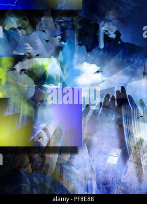 Composition surréaliste. Mains qui prient, des hommes avec des pensées et des espoirs. Arbre avec ampoule. Les oiseaux dans le ciel nuageux. Le rendu 3D Banque D'Images