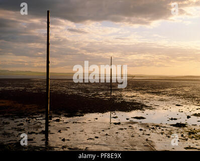 À l'ouest de l'Île Sainte à l'île principale montrant l'ancien marquage poteaux chemin. Les sables sont encore humide d'une marée descendante. Isl Saint Banque D'Images