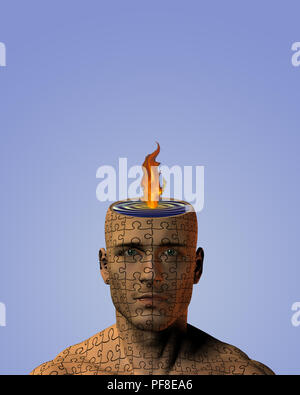 Tête d'homme en flamme brûlante Banque D'Images