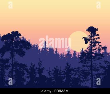 Vector illustration d'une dense forêt de conifères sur une colline sous un ciel violet le matin ou le soir en rouge et jaune lever du soleil - avec effet multi-couches Illustration de Vecteur