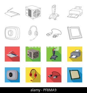 Webcam, écouteurs, câble USB, processeur. Ensemble d'ordinateurs personnels dans les grandes lignes les icônes collection style symbole,flet vecteur illustration stock . Illustration de Vecteur