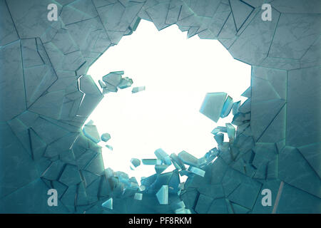 3D illustration mur de glace avec un trou au centre de brise en petits morceaux. Place pour votre bannière, publicité. L'explosion a provoqué une fissure dans le mur. Trou d'explosion dans la glace fissurée mur. Banque D'Images