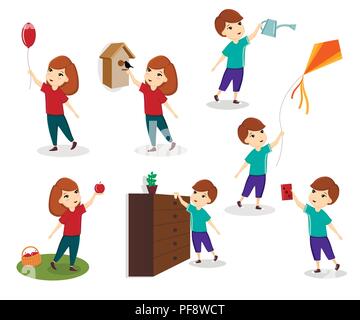 Un ensemble d'images d'enfants, les enfants jouent, les enfants de l'aide, les filles et les garçons. Modèle, vector Illustration de Vecteur