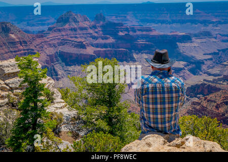 Grand Canyon, Arizona, USA, Juin 14, 2018 : Avis d'un homme portant une chemise à carreaux et un chapeau, à l'aide de son portable en face de Grand Canyon National Park de la rive nord du canyon Banque D'Images
