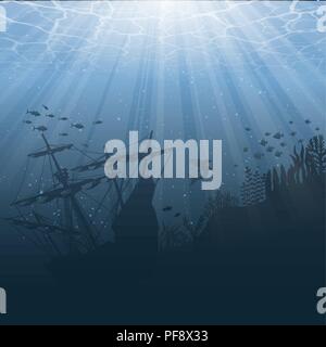 Fond bleu foncé sous l'eau avec des silhouettes de poissons et de vieux bateau Illustration de Vecteur