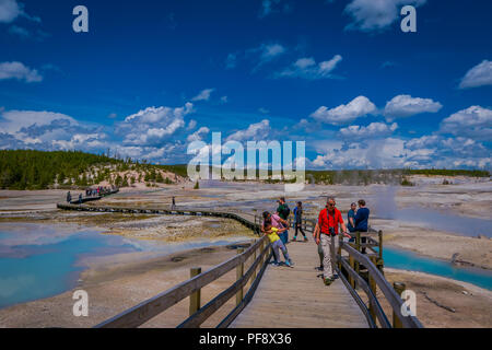 YELLOWSTONE, Montana, USA 02 juin 2018 : des personnes non identifiées, prendre des photos et profiter des piscines d'eau de couleur colorée dot du Norris Geyser Basin dans le Parc National de Yellowstone Banque D'Images