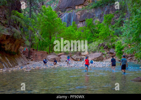 ZION, Utah, USA - 14 juin 2018 : vue extérieure de personnes non identifiées randonnées à sion étroite avec Virgin River en été, dans le parc national de Zion, Banque D'Images