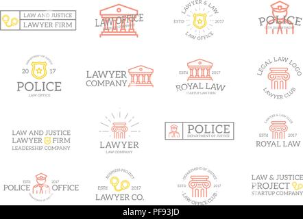 Ensemble de retro vintage Crime, Law, de la police et de la justice ou des insignes, emblèmes logo, étiquettes et d'écussons et d'autres objets de marque. Style ligne vectorielle Illustration de Vecteur