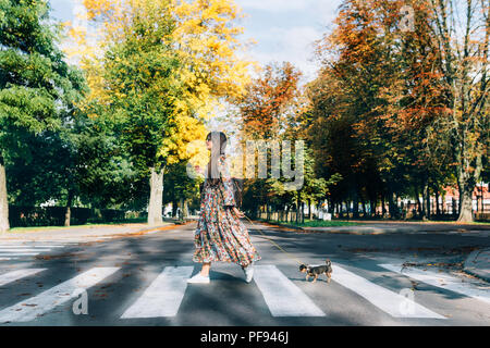 Woman traversent la route avec peu de chiot. De vie de plein air portrait of pretty female et son petit chien. Banque D'Images