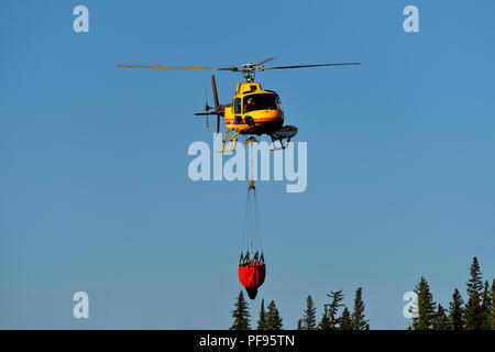 Une image horizontale d'un hélicoptère jaune portant un seau d'eau pour un feu de forêt dans les régions rurales de l'Alberta au Canada. Banque D'Images