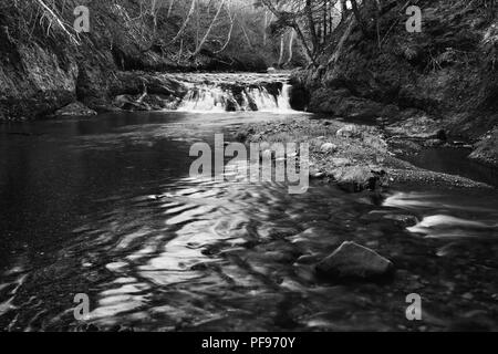 Ruisseau peu profond avec petite cascade. Image en noir et blanc. Banque D'Images