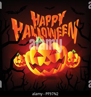 Happy Halloween, Halloween, trois Citrouilles effrayantes avec les chauves-souris à minuit, les citrouilles, l'horreur, Illustration de Vecteur