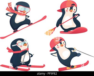 Pingouins actif en hiver et d'été set vector illustration Illustration de Vecteur