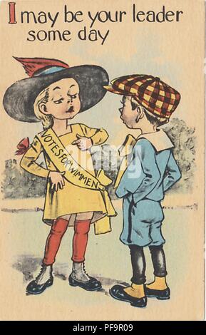 Carte postale, avec une illustration couleur représentant une petite fille blonde, portant un chapeau, robe jaune, et une ceinture à lire 'Voix de wimmen ', revendiquant son potentiel en tant que futur leader pour un jeune garçon, vêtu d'un costume bleu et le contrôle, avec texte au-dessus de la scène "JE SUIS peut-être un jour votre chef, ' conçu dans le cadre d'une série de carte 12 par Barton et Spooner pour le marché américain, 1912. () Banque D'Images