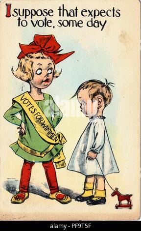 Carte postale en couleur, représentant une petite fille, portant une ceinture fléchée lire 'Voix de Wimmen, dit ''un petit garçon avec un jouet cheval chaîne, 'Je suppose que s'attend à ce que de voter, un jour, ' une partie d'un jeu de carte de 12 publié par l'entreprise de Barton et Spooner pour le marché américain, 1900. () Banque D'Images