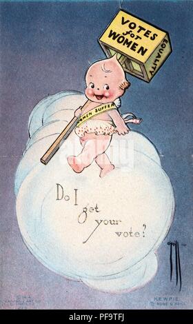 La couleur, le suffrage universel, carte postale représentant une poupée Kewpie, marcher sur un nuage et portant un signe fort à lire 'le vote des femmes, ' sous-titrées "Je obtenir votre vote ?' illustré par Rose O'Neill, créateur de la poupée Kewpie, et publié par la société, dans l'Art Campbell Elizabeth dans le New Jersey, pour le marché américain, 1914. () Banque D'Images