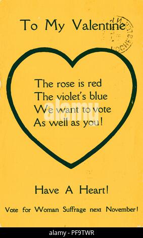 Jaune et Noir, Carte de Saint-Valentin avec le pro-vote verset 'La rose est rouge, le violet's blue, nous voulons voter, ainsi que vous, ' et la légende "Have a Heart, vote pour la femme au suffrage universel en novembre prochain, ' publié pour le marché américain, 1900. () Banque D'Images