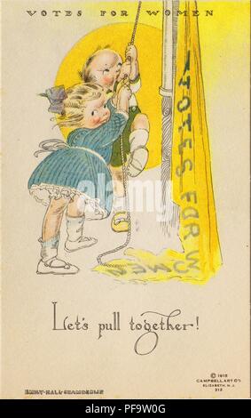 Carte postale en couleur, représentant une petite fille et un petit garçon qui travaillent ensemble pour élever une voix 'jaune pour les femmes' pennant, titré "Let's tirer ensemble !" illustré par Emily Hall Chamberlin, pour la National American Woman Suffrage Association, et publié dans ELIZABETH NJ, par la compagnie Art Campbell, pour le marché américain, 1915. () Banque D'Images