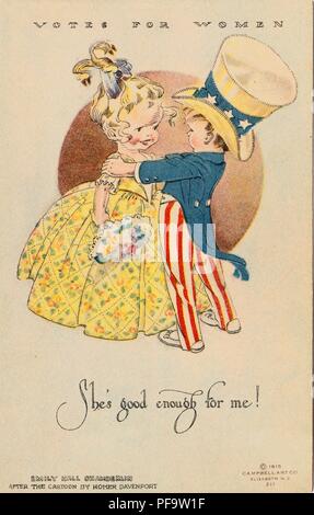 Carte postale en couleur, représentant une petite fille épouser un petit garçon vêtu de l'apparence de l'Oncle Sam, titré "il est assez bon pour moi !, ' illustré par Emily Hall Chamberlin, pour la National American Woman Suffrage Association, et publié dans ELIZABETH NJ, par Campbell Art Company, pour le marché américain, 1915. () Banque D'Images