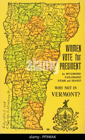 Carte de couleurs, représentant une carte physique et politique de l'état du Vermont, titré "Les femmes votent pour le président dans le Wyoming, Colorado, Utah, Nevada, et pourquoi pas dans le Vermont, ''auteur par CH Clark St Johnsbury, Vermont, et publié pour le marché américain, 1908. () Banque D'Images