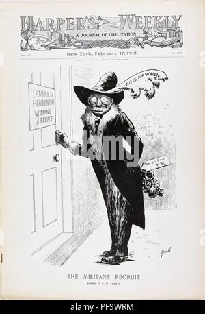 Couverture de magazine en noir et blanc, représentant puis Bull Moose Party candidate présidentielle, Theodore Roosevelt Jr, portant un chapeau de femme de style édouardien et col fourré sur sa combinaison, holding Flowers derrière son dos, et cogner à une porte à lire 'Siège de campagne, le suffrage des femmes, ' illustré par W Kemble, et publié pour le marché américain par Harper's Weekly, du 17 février 1912. () Banque D'Images