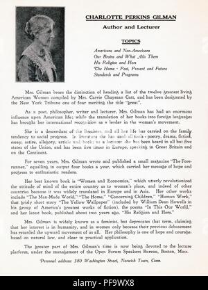 Le noir et blanc brochure de promotion de la publicité une conférence de Charlotte Perkins Gilman, militante féministe et suffrage auteur de 'The Yellow Wallpaper' et 'Herland, ' avec un profil très gros plan de Charlotte Perkins Gilman, émis par le Bureau des conférenciers du forum ouvert de Boston, pour le marché américain, vers 1917. () Banque D'Images