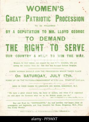 La Première Guerre mondiale, l'affiche de la publicité d'un suffrage des femmes 'grande procession patriotique, ' et délégation de M. Lloyd George, d'exiger le droit à l'aide de l'effort de guerre, publié pour le marché britannique, vers 1914-1918, 1916. () Banque D'Images