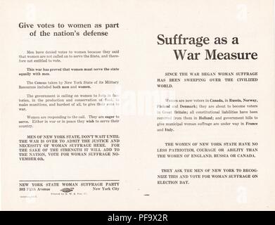 Brochure Suffrage le suffrage des femmes en faveur de l'aide à l'effort de guerre, publié par le New York State Woman Suffrage universel parti, et distribués pour la New York 1917 Référendum sur le suffrage, 1917. () Banque D'Images