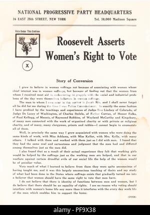 Campagne présidentielle notice, l'affirmation de Theodore Roosevelt Jr's attitude pro-suffrage universel, publié par le Bureau central du Parti national progressiste, à New York City, vers 1912. () Banque D'Images