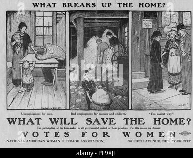 Affiche en noir et blanc illustrant un triptyque de vignettes menant à des familles brisées, y compris le chômage des hommes, de l'emploi pour les femmes pauvres et les enfants, et de la prostitution, avec la lutte contre le texte que "le vote des femmes', 'enregistrer l'accueil ' publié par la National American Woman Suffrage Association pour le marché américain, 1900. () Banque D'Images