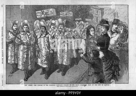 Noir et blanc illustrant un 'Msatirique autres défilé d'Hubbard dans lequel les hommes vêtus de l'habit des femmes et ont défilé dans la rue en prétendant être "des supporters de Belva Lockwood, qui est présenté à la présidence en 1884 et 1888, titré 'New Jersey - les humeurs de la campagne politique de la parade Club de Belva Lockwood la ville de Rahway, ' publié par Frank Leslie's Illustrated Newspaper pour le marché américain, 1884. () Banque D'Images