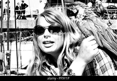 AJAXNETPHOTO. 1973. PORTSMOUTH, Angleterre. - WHITBREAD ROUND THE WORLD RACE - WENDY HINDS, UN MEMBRE DE L'ÉQUIPAGE DE L'OCÉAN 71 KETCH SECOND LIFE WITH PET MACAW 'BEAKY' AVANT DE COMMENCER DANS LE HMS VERNON DOCK. PHOTO : JONATHAN EASTLAND/AJAX REF:1973 01 Banque D'Images