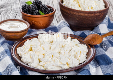 Produits frais bio fromage cottage sur un plat d'argile et en pot, sur une serviette de cuisine, crème normale en tasse, bol de faïence avec Blackberry sur le contexte, voir fr Banque D'Images