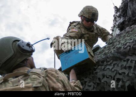 Les soldats du régiment de cavalerie 2d simulation de charge de munitions dans leurs stryker pendant un événement de formation de l'Armée américaine au cours de l'exercice de l'Europe grève 18 Sabre, Powidz, Pologne, Juin 1. Ce la première charge de combat complet et la distribution de munitions de la formation en Europe avec plus de 40 000 livres d'explosifs net Banque D'Images