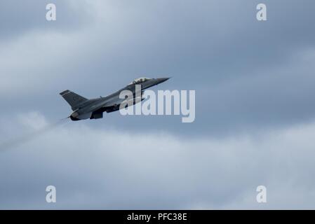 F-16 Fighting Falcon du 120e Escadron de chasse, Colorado Air National Guard effectuer plusieurs frappes, guidée par l'Armée de l'Air finlandaise de la finale de l'attaque conjointe aérienne à l'éventail, l'Estonie, Tapa pendant la grève de sabre 18 Juin 5, 2018. Grève 18 Sabre est la huitième édition de l'armée américaine de longue date par l'Europe de la formation coopérative exercice visant à accroître l'interopérabilité entre les alliés et les partenaires régionaux, axés sur l'amélioration des terres et de l'air et la formation de capacités opérationnelles au sein de la présence renforcée de l'avant (PEF) groupements tactiques. Banque D'Images