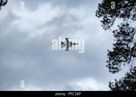 F-16 Fighting Falcon du 120e Escadron de chasse, Colorado Air National Guard effectuer plusieurs frappes, guidée par l'Armée de l'Air finlandaise de la finale de l'attaque conjointe aérienne à l'éventail, l'Estonie, Tapa pendant la grève de sabre 18 Juin 5, 2018. Grève 18 Sabre est la huitième édition de l'armée américaine de longue date par l'Europe de la formation coopérative exercice visant à accroître l'interopérabilité entre les alliés et les partenaires régionaux, axés sur l'amélioration des terres et de l'air et la formation de capacités opérationnelles au sein de la présence renforcée de l'avant (PEF) groupements tactiques. Banque D'Images