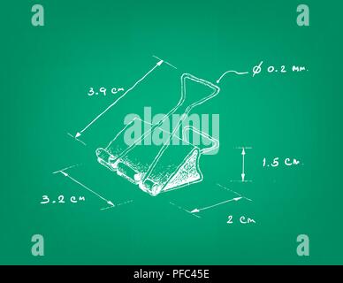 Les fournitures de bureau, Illustration croquis à main Dimension de Binder Clip, trombone ou d'un trombone. Un dispositif utilisé pour tenir des feuilles de papier ensemble. Illustration de Vecteur