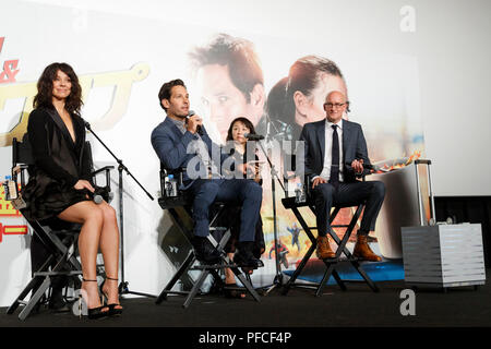 Tokyo, Japon. 21 août, 2018. (L à R) L'actrice canadienne Evangeline Lilly, acteur américain Paul Rudd et directeur Peyton Reed la parole au cours d'une réunion spéciale pour le film de ventilateur et la Guêpe Ant-Man le 21 août 2018, Tokyo, Japon. Les acteurs qui s'est rendu au Japon pour promouvoir la suite Ant-Man qui sortira au Japon le 31 août. Credit : Rodrigo Reyes Marin/AFLO/Alamy Live News Banque D'Images
